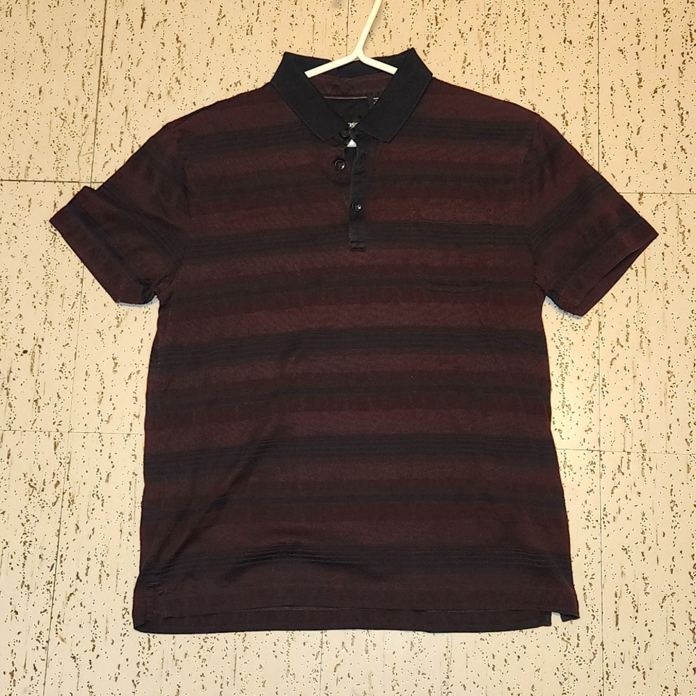 Hugo Boss Burgendy & Black Stripe 1/4 Button Down Short Sleeve Casual Polo Shirt
